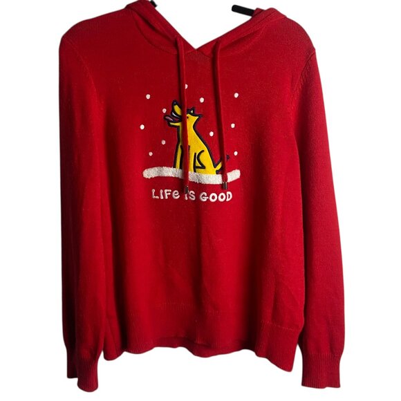 Life is Good Size Medium Hooded Sweater Red Knit Dog Snowing Festive Winter Cozy - Picture 1 of 6